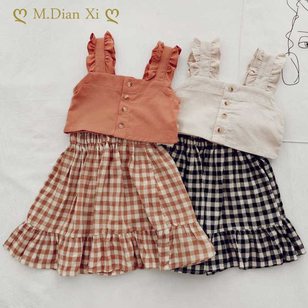 

clothing sets girls suit suspender cropped plus plaid skirt 2023 summer new foreign trade children's clothing 3-8 years old kids clothe, White