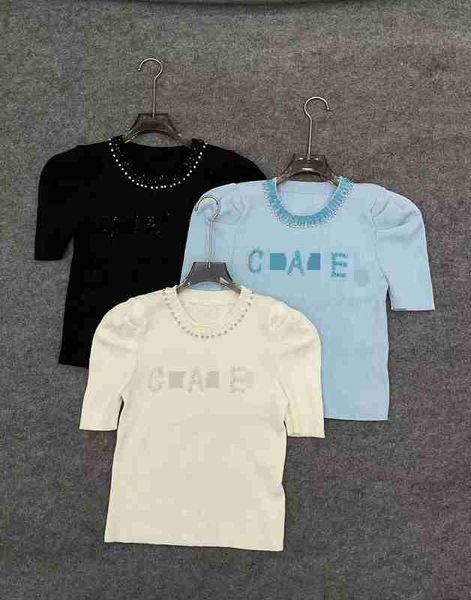 

women's t-shirt designer 23 new heavy work letter beaded diamond round neck pullover slim fit versatile knitting shirt women bkd7, White