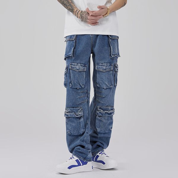 

multi-pockets streetwear casual men's cargo pants straight washed jeans hip hop denim trousers, Black;brown