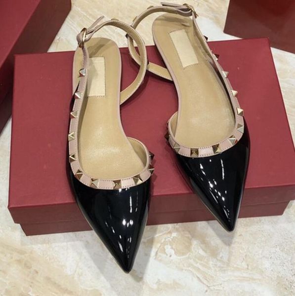 

women brand slipper flat rivets pointed sandals genuine leather black solid beach sneaker classics summer fashion red wedding shoes 34-44 wi