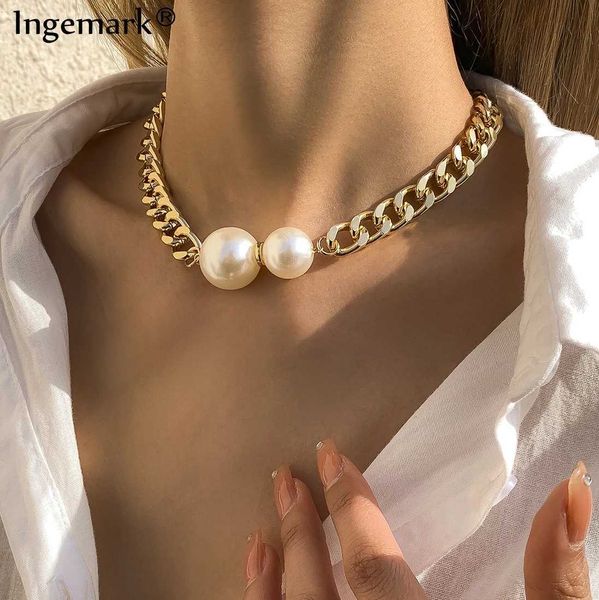 

chokers vintage smooth cuban chains necklaces women gothic round pearl pendant necklace girl chokers fashion accessories jewellery new y2303, Golden;silver