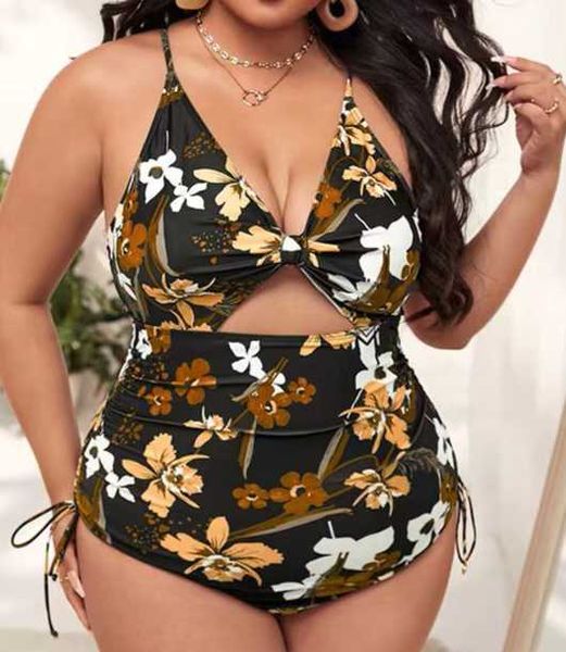 

women's swimwear 2022 new large fat woman one-piece bikini digital print drawstring tie up gathered swimsuit women 1 5nhz, White;black