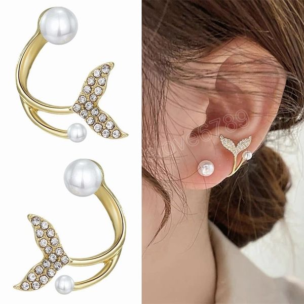 

fashion luxury zircon fishtail pearl stud earrings for women crystal imitation pearl sweet earring jewelry wedding gifts, Golden;silver