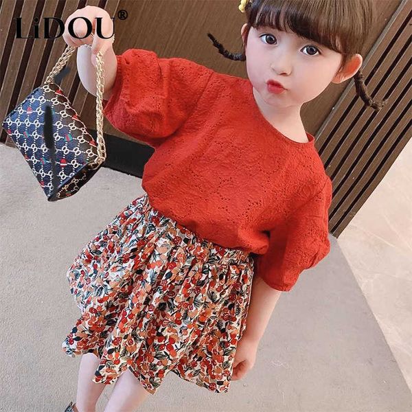 

clothing sets summer print kawaii two-piece girls' dress cute round neck children sets floral short suit casual elegant fashion kids cl, White