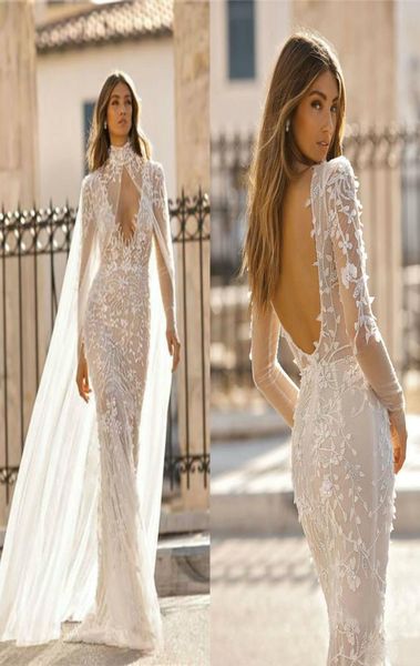 

berta 2019 mermaid wedding dresses with wrap deep v neck backless beach wedding dress long sleeve lace appliqued bridal gowns2494360, White