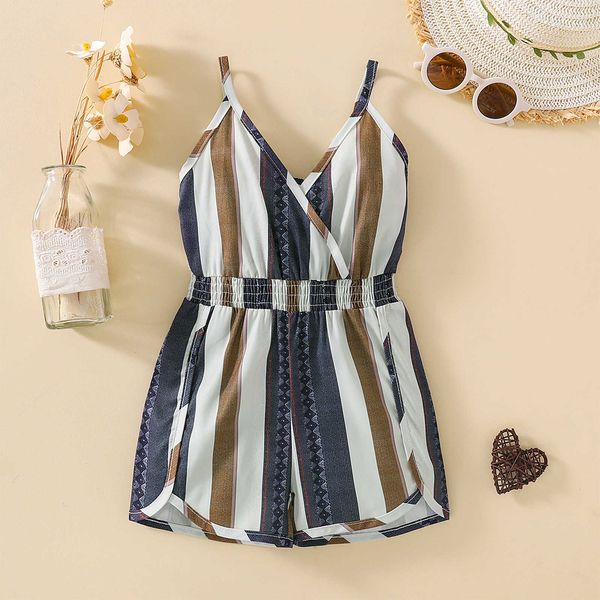 

rompers citgeett summer kids baby girl romper sleeveless v neck striped print high waist shorts jumpsuit clothes l230314, Blue