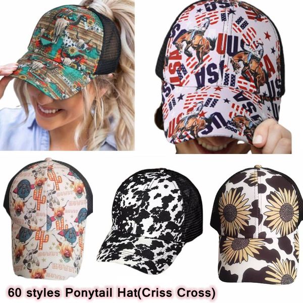 

woman ponytail baseball cap party hats washed distressed messy buns ponycaps leopard sunflower criss cross trucker mesh hat