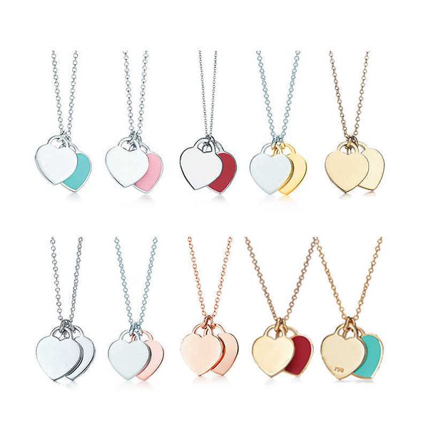 

chokers real 925 sterling silver t series genuine pink red green double love heart pendant necklace for women 40-45cm chain y2303, Golden;silver