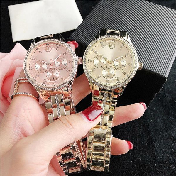 

brand watches women girl diamond crystal 3 dials style metal steel band quartz wrist watch m134327i, Slivery;brown