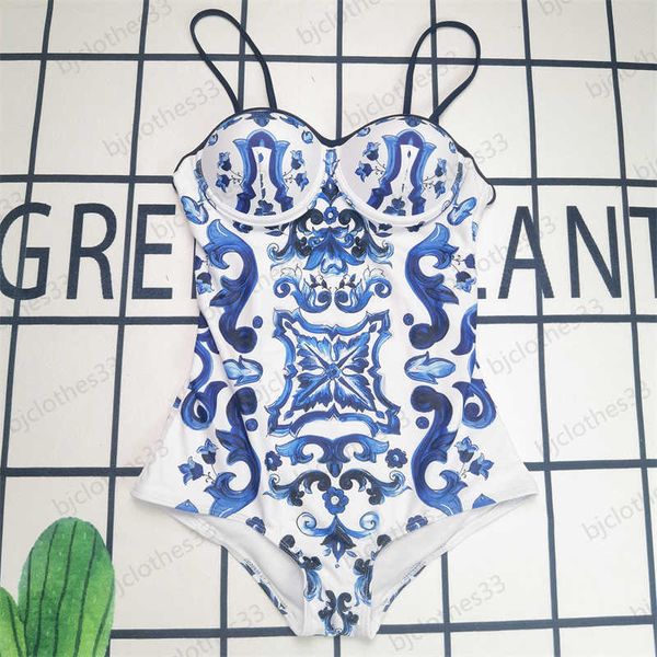 

luxury swimwears blue and white porcelain print fashion joker girl swimsuit adjustable sling design bareback designer bathing suit womens cl, White;black