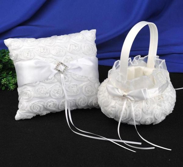 

wedding supplies ring pillow girl039s flower baskets sets wedding party white 3d roses lace ceremony petal storage1509986