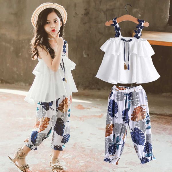 

clothing sets girls clothes summer kids fashion sling floral pants two piece set children suit teenager girl outfits 4 5 8 9 10 12 yrs p230, White