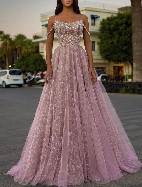 

sparkle dark pink a-line evening dresses spaghetti strap sleeveless sequined tulle prom formal party gowns 2023 birthday wear new robe de so, Black;red