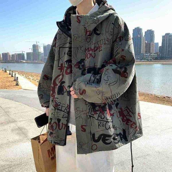 

men's jackets hiphop coat men's hip-hop fashion brand ins high street handsome printed hooded work jacket, Black;brown