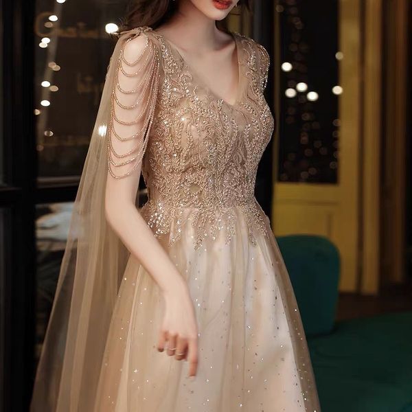 

champagne gold evening dresses with cape a line v-neck a-line shiny luxury beading shawl formal celebrity prom gowns new women, Black