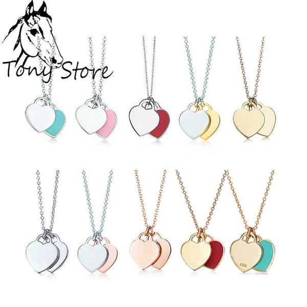 

chokers 925 sterling silver t series genuine pink red green double love heart pendant necklace for women 40-45cm y2303, Golden;silver