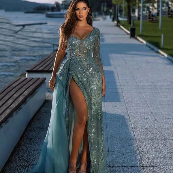 

2023 sequined mermaid prom dresses robes de soiree one shoulder sleeve high split lace beaded evening gowns overskirt sweep train tulle part, Black