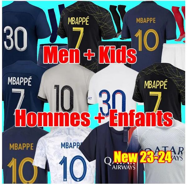 

player 30 10 mbappe 7 soccer jerseys hakimi sergio ramos sanches french psgs 22 23 24 maillots football shirt 2023 2024 men kids kit sets un, Black;yellow