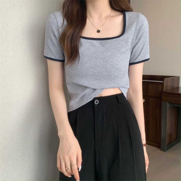 

ladies shirts designer clothes women t-shirt short aleeve cotton color contrast square neck tee female casual 224g, White