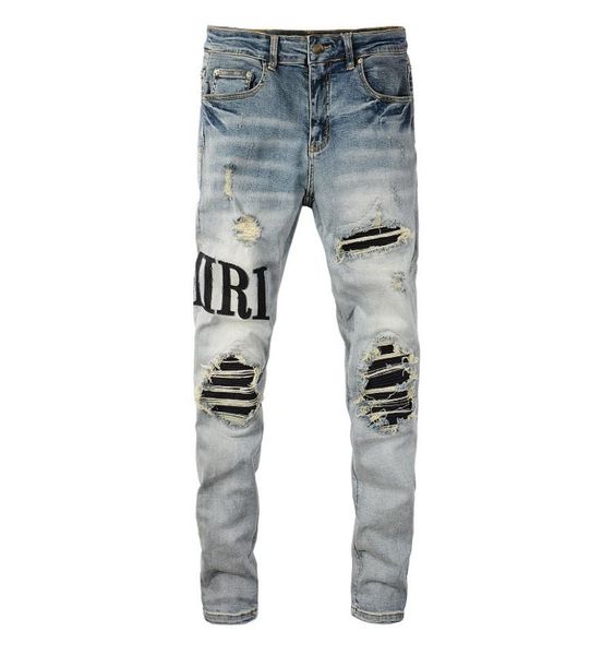 

men039s jeans light blue distressed patch streetwear slim embroidered leather letter pattern damaged skinny stretch ripped jean7613950