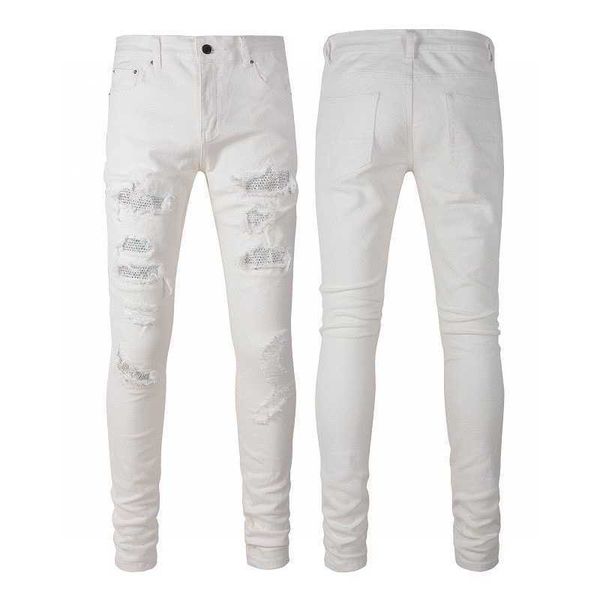 

jeans mens am1r1 trousers pants mirri ripped fashion designer brand high-street white diamond hip hop high street leisure cool niche in bxjc, Blue