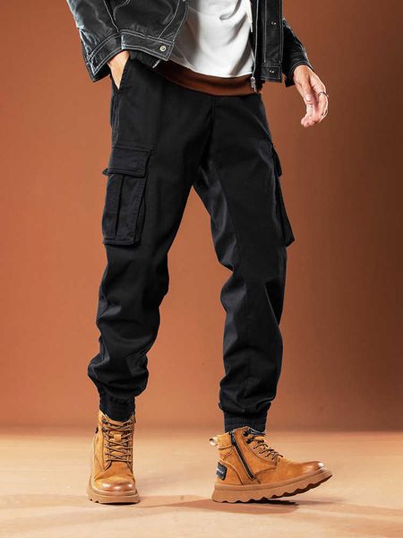 

men's pants winter multipockets cargo pants men thick fleece liner warm joggers male streetwear casual cotton thermal trousers z0306, Black
