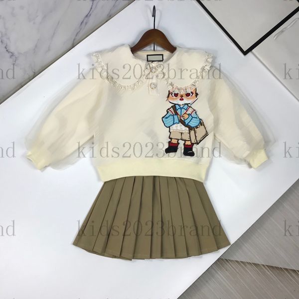 

luxury girls skirts sets big lapel rabbit with short skirt two-piece set long sleeve sweatshirts high end preppy style pleated skirts embroi, White