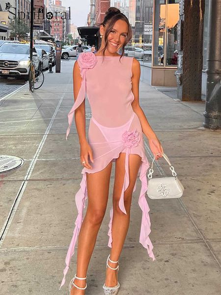 

casual dresses ruffle mesh see through y2k clothes sleeveless flower oneck bodycon mini dresses for women club streetwear summer outfits z02, Black;gray