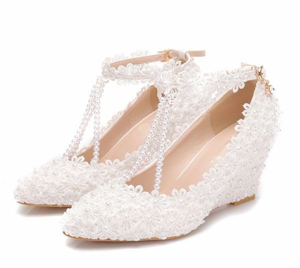 

white lace flower wedge heels with beading tstraps wedding bridal dress shoes 8cm high heel pointed toe women pumps ankle strap9092664, Black