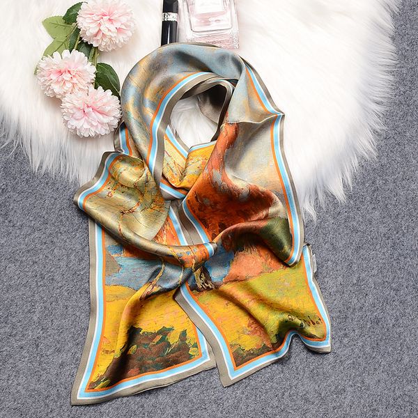 

silk long silk scarf womens mulberry silk scarf multi-functional internet celebrity same style crepe satin surface double-layer all match ri, Blue;gray