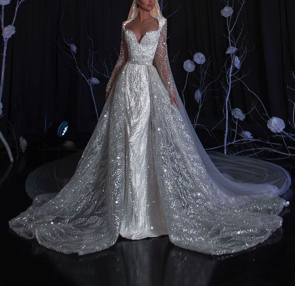 

sparkly mermaid wedding dresses long sleeves v neck appliques sparkly sequins beaded detachable train floor length lace bridal gowns custom, White