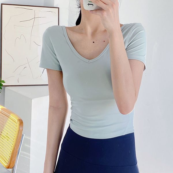 

lu women yoga sports short sleeve tight high elastic quick dry fitness v neck u back breathable training fitness lulu women's t-shirt