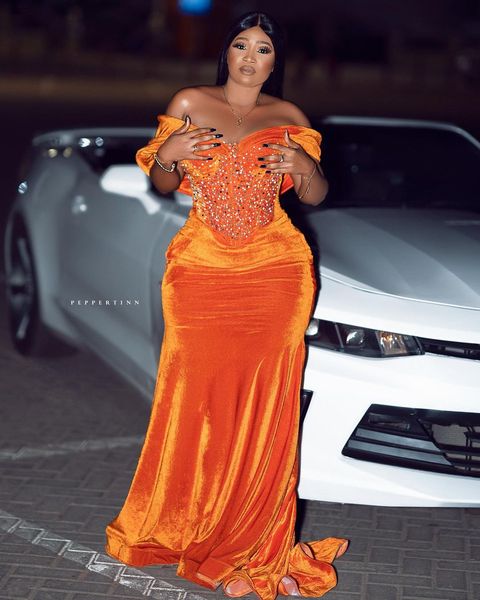

2023 arabic aso ebi mermaid orange prom dresses beaded v neck velour off the shoulder evening formal party bridesmaid engagement gowns, Black;red