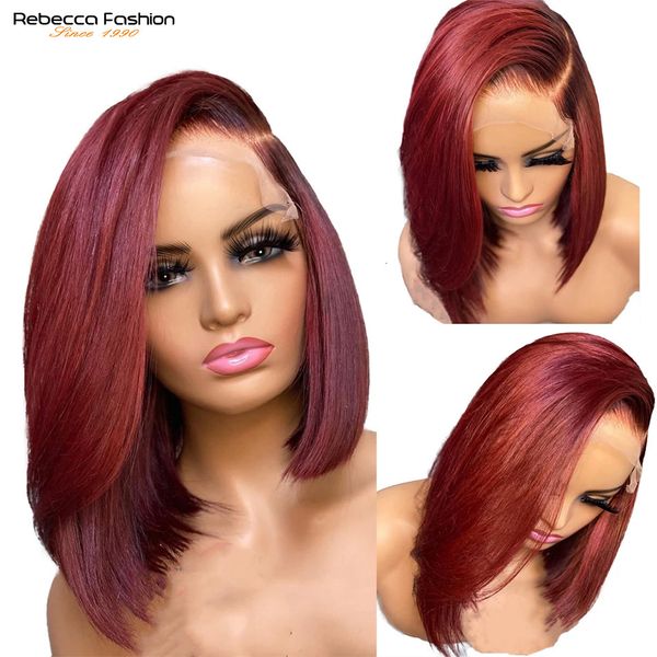 

human chignons 99j burgundy red color short bob wig brazilian hair transparent hd 13x1 lace front wigs for women blunt cut bone straight 230, Black