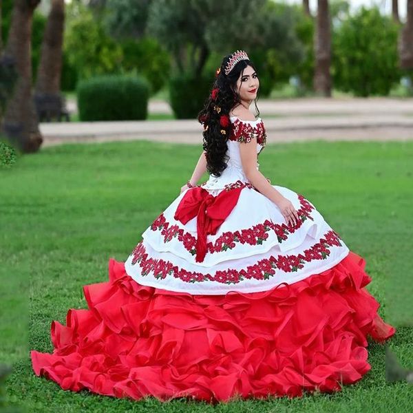 

red tiered quinceanera dresses party applique lace v-neck off the shoulder prom dress for women tulle 2023 ball gown, Blue;red