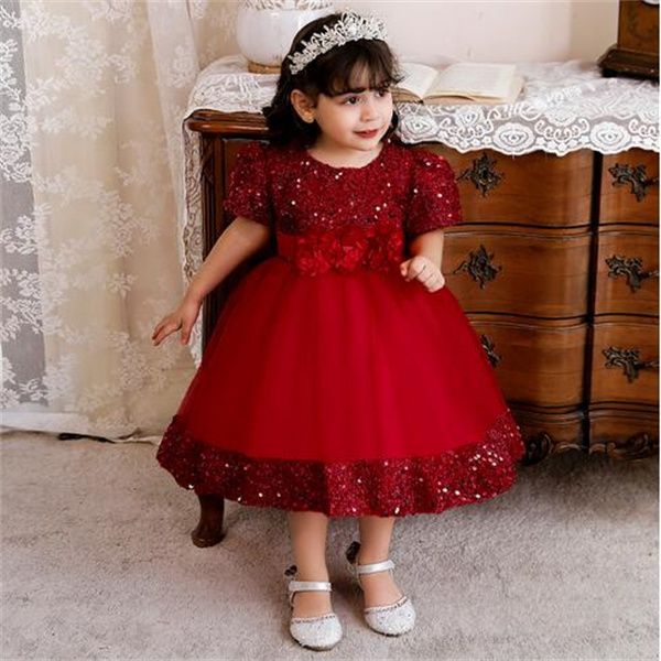 

baby girl clothes summer dresses sequined floral bow children tutu toddler party costume ball gown princess newborn baptism 1 year gc1971, Red;yellow