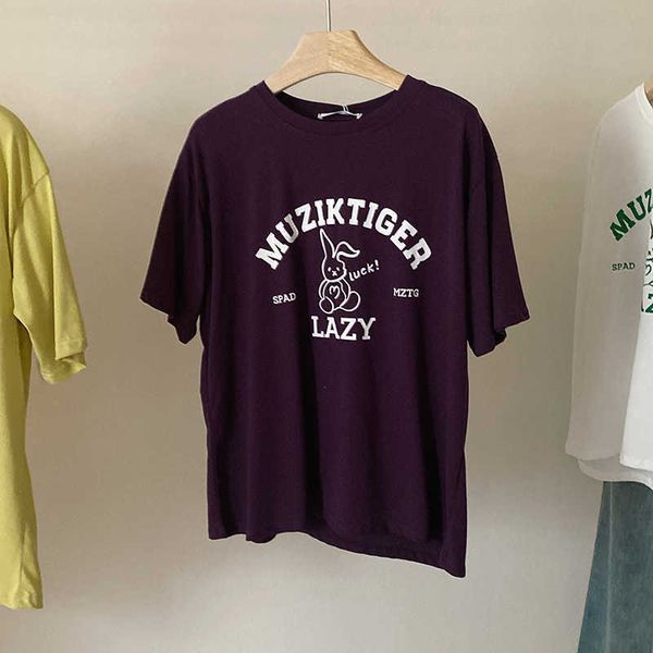 

women cotton blouse letter cartoon round neck short sleeve t-shirt women's summer loose slim o8t7, White