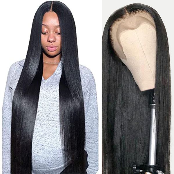 

human chignons 13x4 13x6 hd transparent lace front wigs hair 40 inch bone straight frontal preplucked 5x5 6x6 closure wig 230314, Black