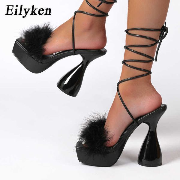 

new roman strappy chunky heels fashion peep toe ankle cross lace-up platform feather sandals women shoes size 40 230306, Black