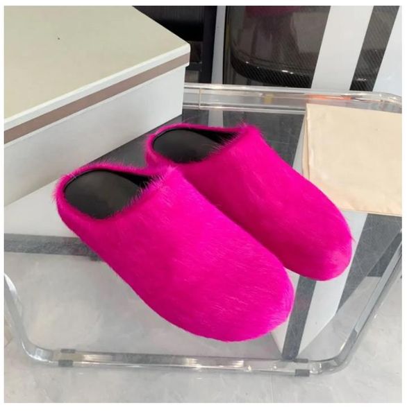 

fashion fur slippers women round toe horse hair slides female black rose red green mules shoes flat half slipper woman casual plush shoess s