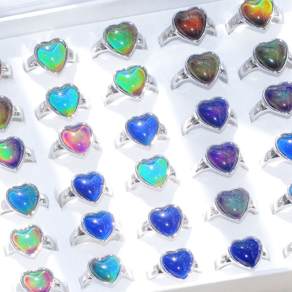 

wholesale 30pcs heart vintage mood rings women men antique plated temperature change color fashion wedding party gift finger jewelry bulk lo, Slivery;golden