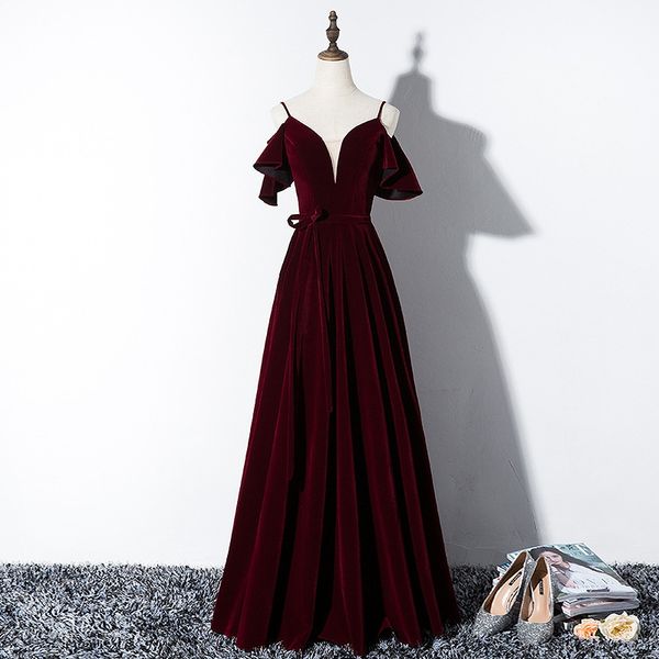 

burgundy velvet prom dresses spaghetti strap a-line ruffle sleeve boat neck lace-up formal party celebrity evening gowns new elegant, Black