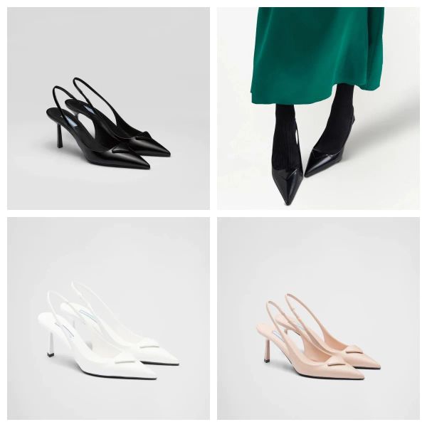 

designer heels women dress shoes luxury triangle logo-plaque slingback pumps 75mm pointed toes eu35-40 with box, Black