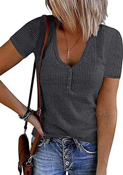 

women's knit 2023 short sleeve button v neck ribbed shirts summer solid color casual teeq0lr, White