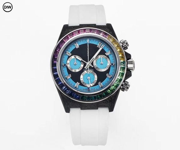 

diw carbon fiber watch diameter 40mm equipped with 7750 chronograph movement sapphire time glass mirror natural rubber watchband designer wa, Slivery;golden