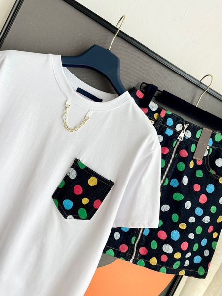 

piece women t two shirt brand summer fashion dress runway women's dot print skirt suit o-neck short sleeve t-shirt with high waist set, White
