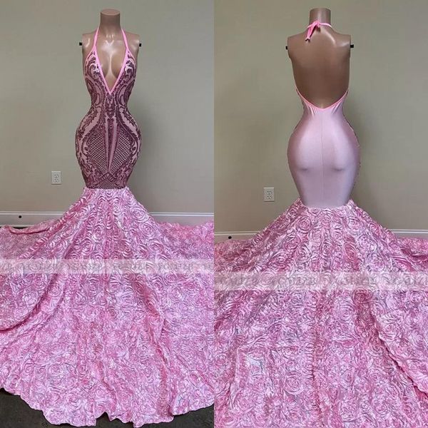 

pink long prom dresses mermaid 2023 black girls sequin backless halter 3d flowers african women formal evening party gowns bc15100 gj0315