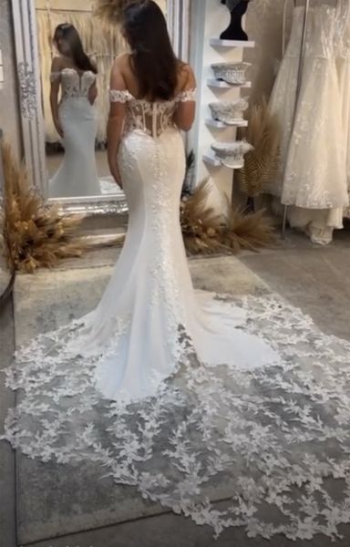 

2023 boho mermaid lace wedding dress long train fishtail off shoulder corset bohemian beach bridal gowns sleeveless summer bride wear, White