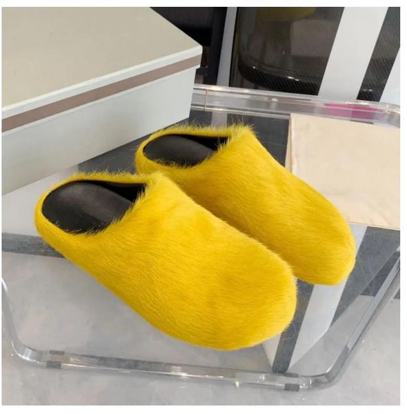 

2023 fashion fur slippers women round toe horse hair slides female black rose red green mules shoes flat half slipper woman casual plush sho