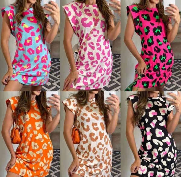 

women's casual dress 2023 summer new short-sleeved round neck leopard print multicolor mini dress short skirt, Black;gray